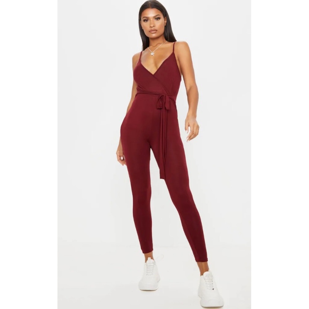 Burgundy Jersey Strappy Wrap Tie Waist Jumpsuit Figure Hugging US Size 8